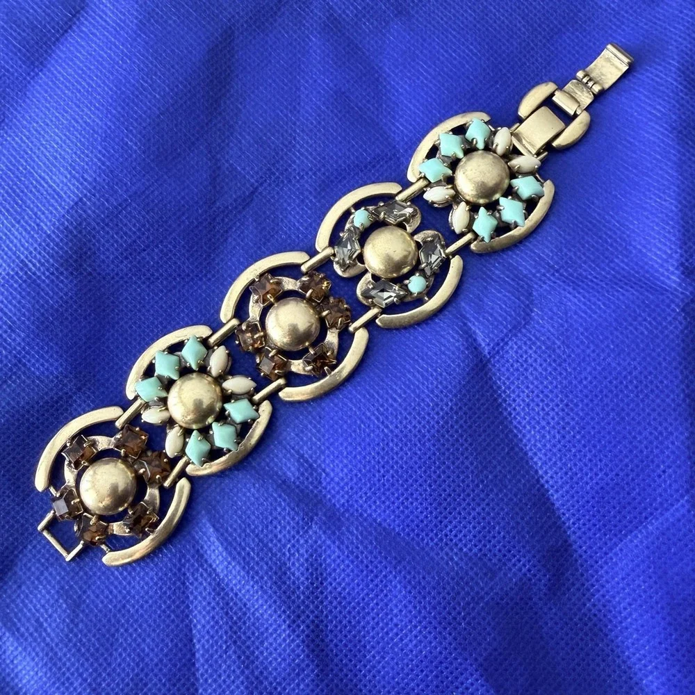 Stella & Dot Gold Tone Turquoise Rhinestone Flower Bracelet Womens 7.5 Inch Boho